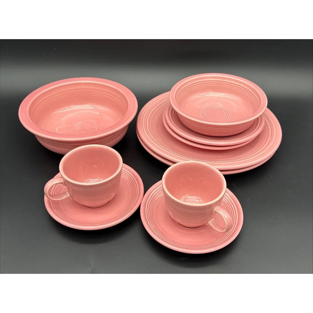 Vintage Fiestaware Rose Pink 10-Piece Lot Retired Color Service for 2 + Bowls